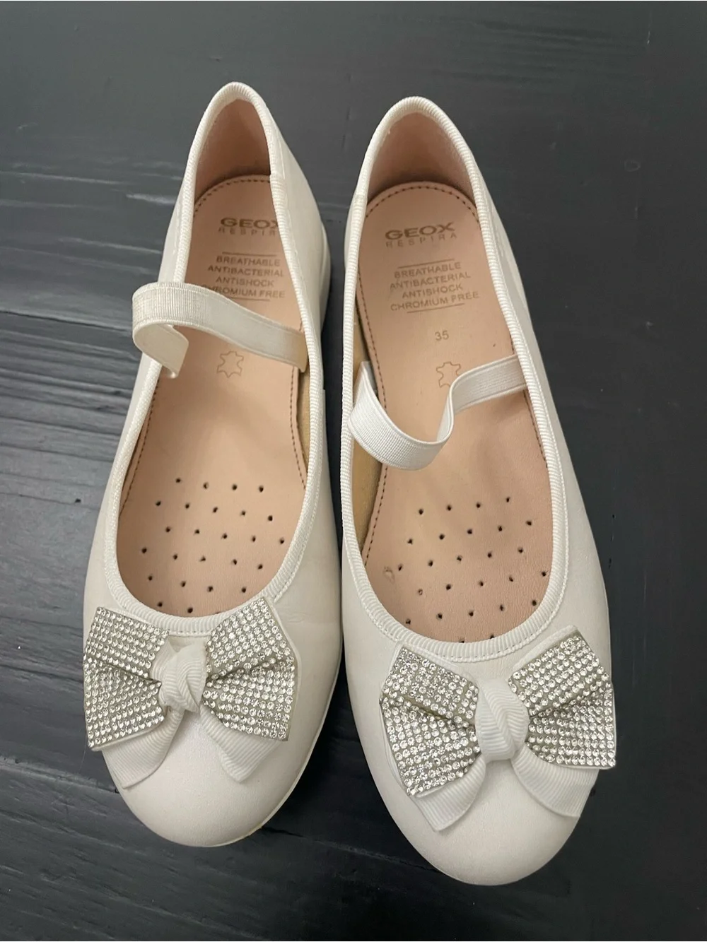 Geox Ivory Plie Ballet Flats with Rhinestone Bow